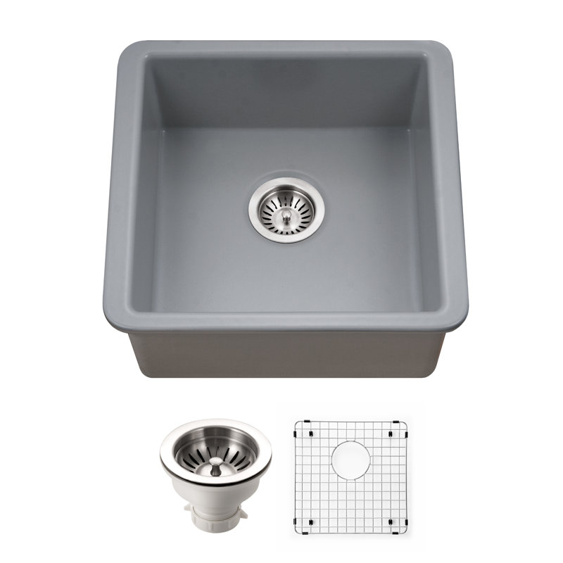 Houzer Platus 20 in Fireclay Undermount Square Bar Sink with Strainer and Grid, Gray