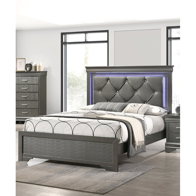 Tête de lit capitonnée en similicuir gris foncé 1pc très grand lit avec meubles de chambre à coucher à DEL gris et bois massif FB