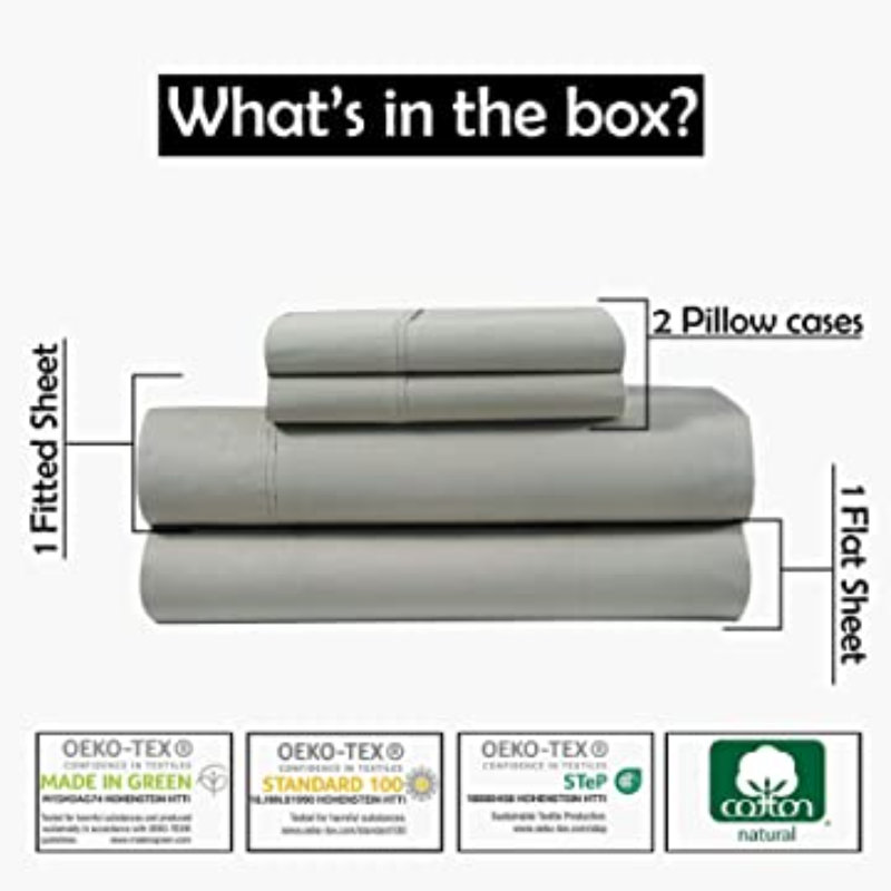 Ensemble de draps en 100 % percale de coton à densité de tissage de 300 fils, Drap-housse pour lit simple TG, Gris clair