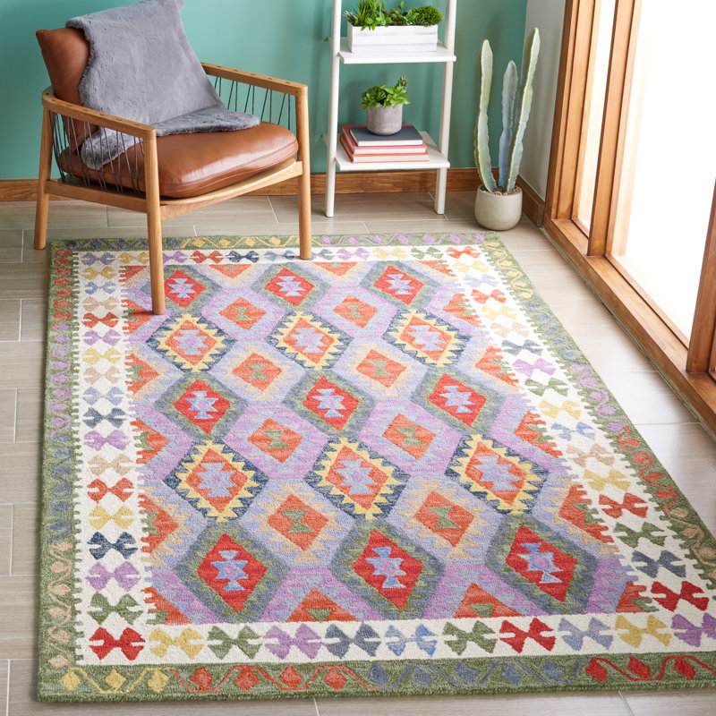 Horwich Southwestern Handmade Tufted Area Rug in Purple/White/Green, Rectangle 8' x 10'