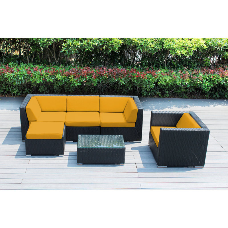 Ensemble de conversation en osier pour 5 personnes avec coussins Lumini, Toile Sunbrella® jaune tournesol