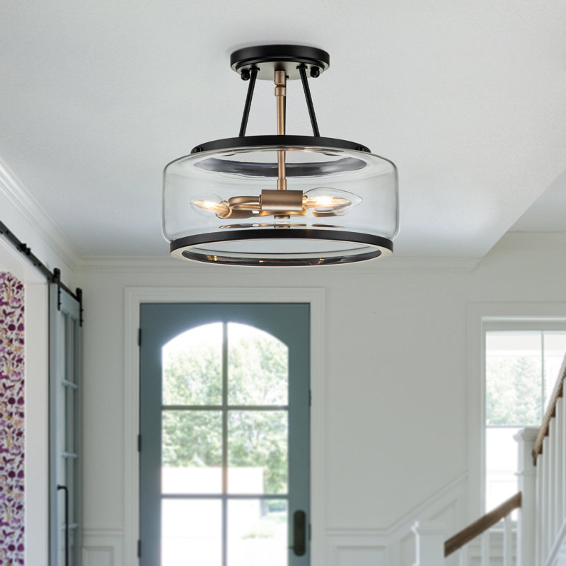 Akima 3 - Light Glass Drum Semi Flush Mount Light, Transparent, Matte Black/Gold, 5.4" H x 12" W x 12" D
