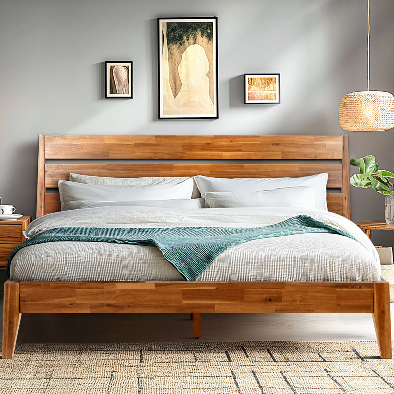 Acacia Christoper Premium Solid Wood Bed Frame, Platform Bed with Headboard Included, Mid century Modern Wood Bed, No Box Spring Needed, Fits All Mattresses
