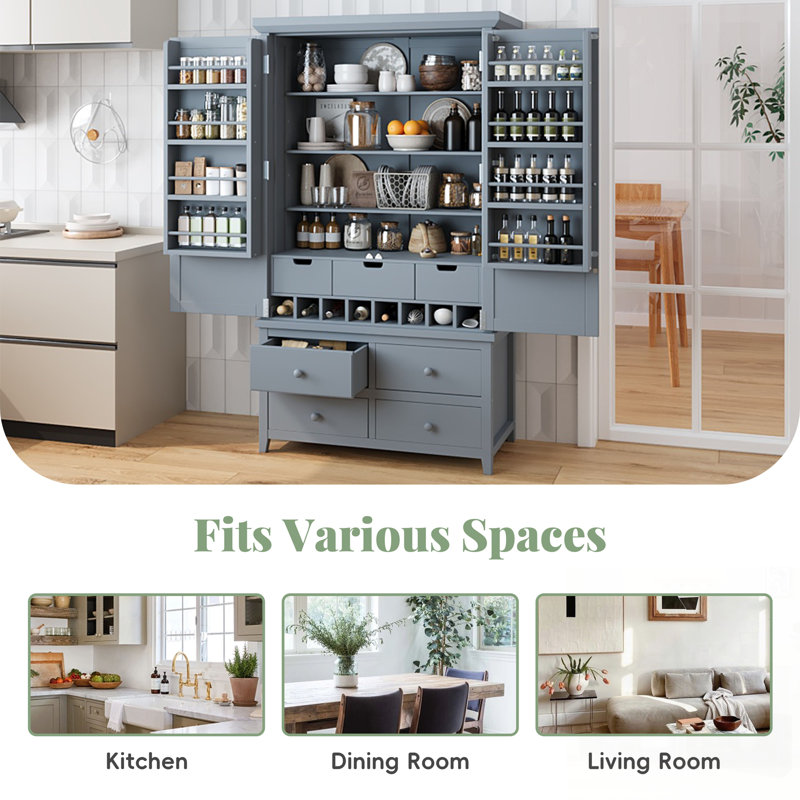 Garde-manger spacieux et autoportant avec 8 tablettes de porte, 3 tablettes réglables, 7 tiroirs et 8 supports à vin, Gris