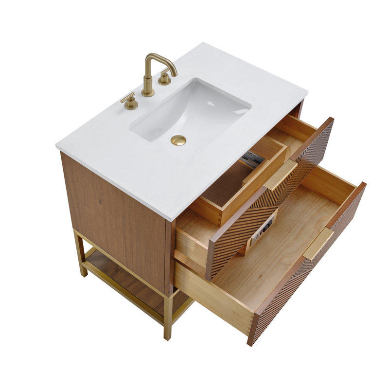 Ensemble de meuble-lavabo Diamond, Noyer, Quartz Calacatta, Laiton satiné
