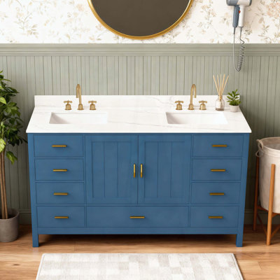 Meuble-lavabo double avec deux lavabos, comptoir en quartz blanc de Carrare avec 6 trous pré-percés pour la robinetterie, deux portes doubles à fermeture amortie, sept tiroirs et deux compartiments de rangement à charnières, bleu
