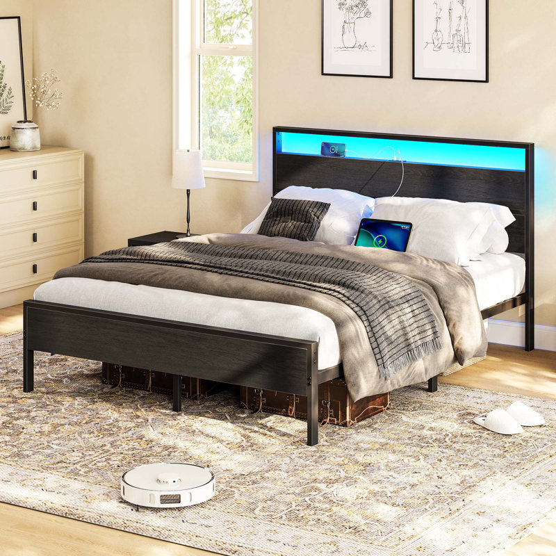 Bed Frame with Headboard, Metal Platform bed with LED Lights, Power Outlets & Under-Bed Storage, Full/Double