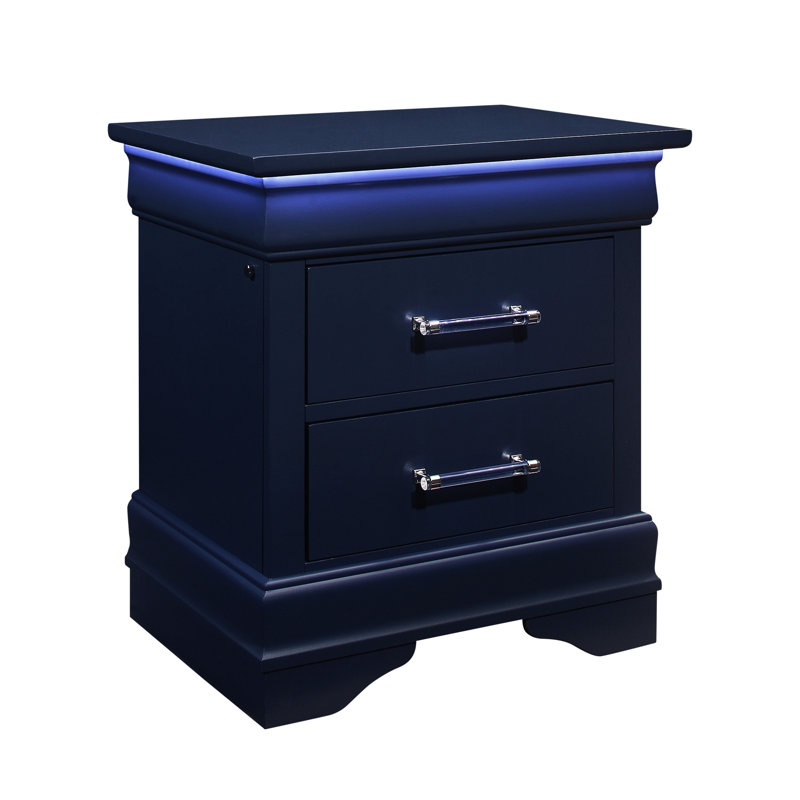 Table de chevet 2 tiroirs en bleu avec DEL - Design spacieux, pièce de style transitionnel