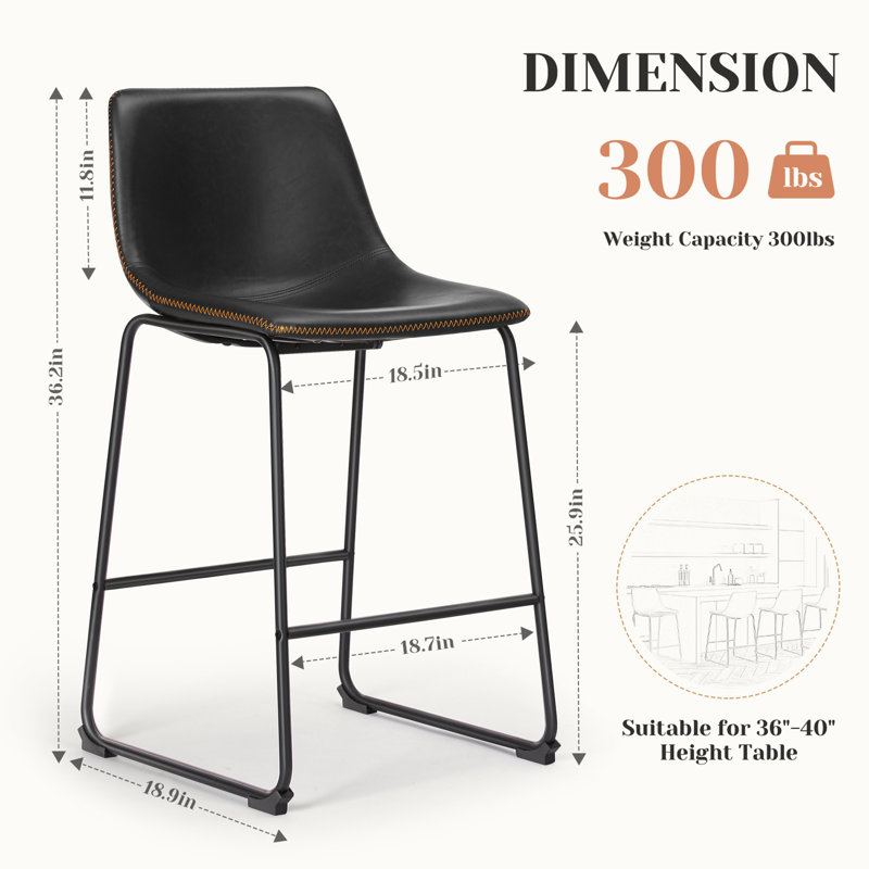 Tabouret Gillyan, Noir, Tabouret de comptoir (hauteur du siège 25,9 po)