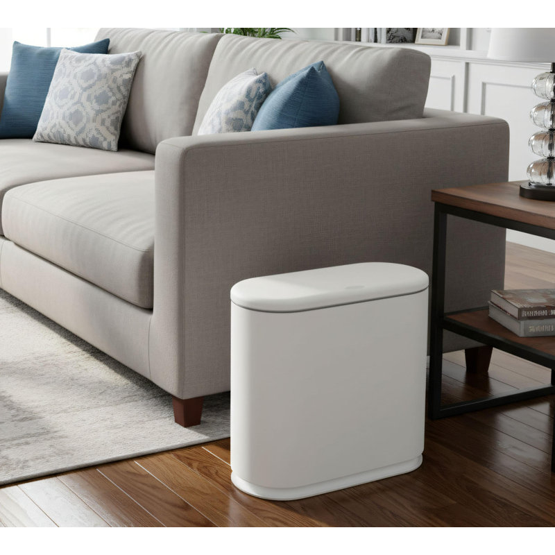Poubelle rectangulaire en plastique blanc cassé 10 L / 2,4 gallons avec couvercle à bouton-poussoir. Convient à divers espaces, y compris les salles de bain, les chambres à coucher, les cuisines et les bureaux.