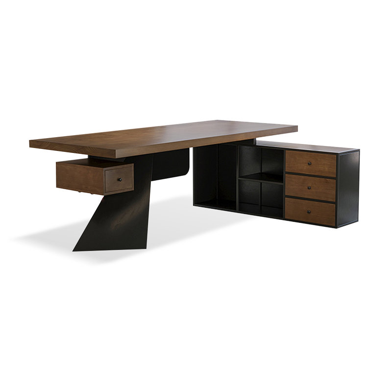 Tan+Black Rectangular Solid Wood+Iron desks, Right Hand Return, 29.53" H x 78.74" W x 31.5" D