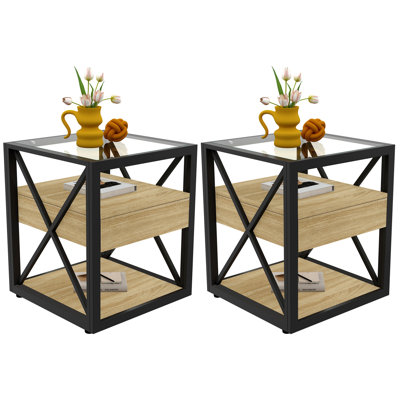 Set of 2 Modern End Table with Drawer - Nightstand for Bedroom & Living Room, Rustic Wood Grain MDF  & Tempered Glass Top, Industrial Style Side Table