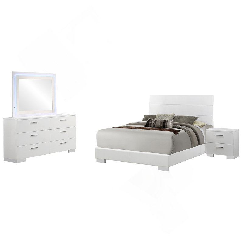 Ensemble de chambre avec grand lit 4 pièces blanc brillant, Quatre pièces : lit, table de chevet, commode et