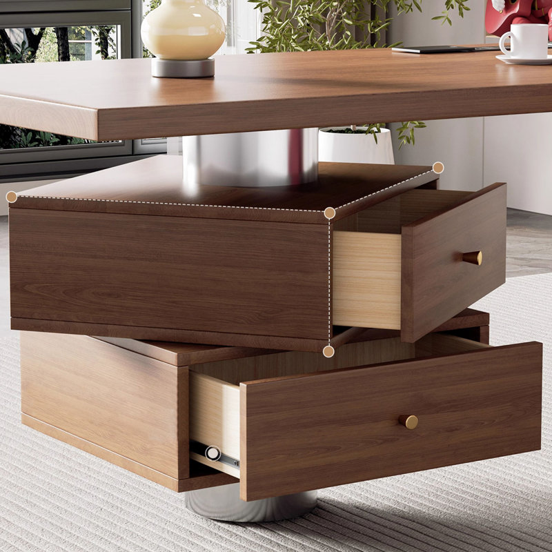 Bureau à 2 tiroirs brun noyer + argent massif rectangulaire + acier inoxydable avec 2 tiroirs, Retour à gauche
