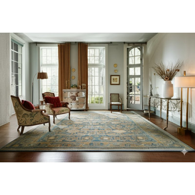 Tapis bleu moderne en laine noué à la main à motif floral géométrique moderne délavé