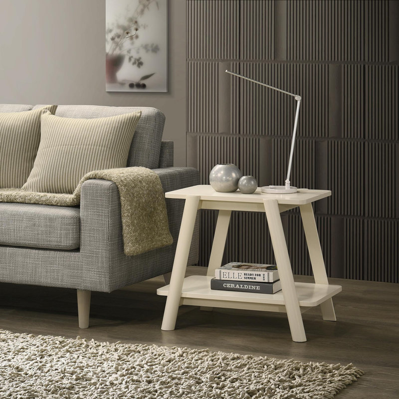 Table de bout en bois moderne Mid-Century, finition blanc cassé