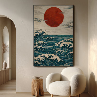 Très grande reproduction d'art sur tissu - Soleil rouge et vagues océaniques d'inspiration japonaise pour le salon - «Assemblage requis du cadre (cadre non fini)»