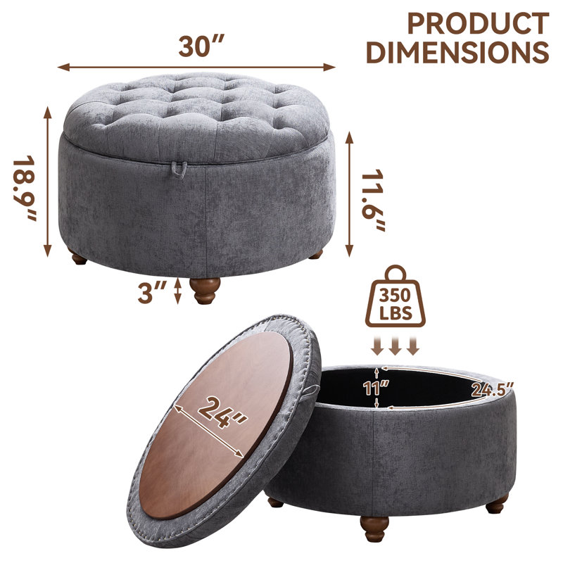 30’’ Wide Upholstered Tufted Round Storage Ottoman, Navy Chenille