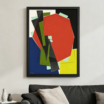 Modern Abstract Geometric shapes overlap dynamically, creating a vibrant abstract composition. [Abstract geometric art style]. 24" x 36" Framed Canvas Wall Art in Black Wood Frame