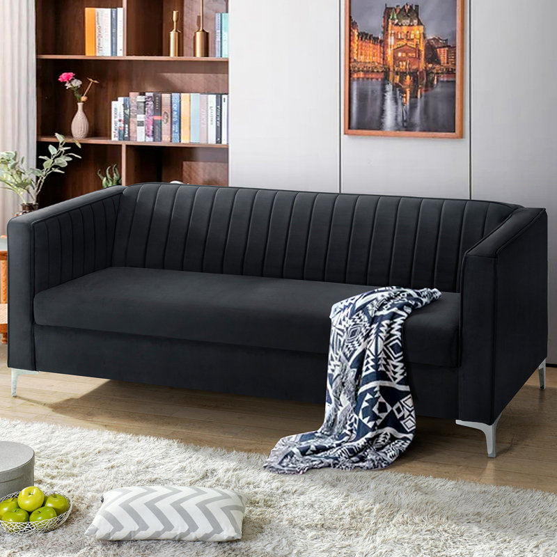 Resana 77.52 Velvet Sofa Modern Couch Loveseat with Vertical Striped Decoration, Black Velvet
