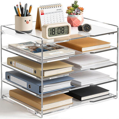 Organisateur de bureau à 5 niveaux en acrylique transparent, organiseur de bureau pour papier à lettre et accessoires pour fournitures de bureau