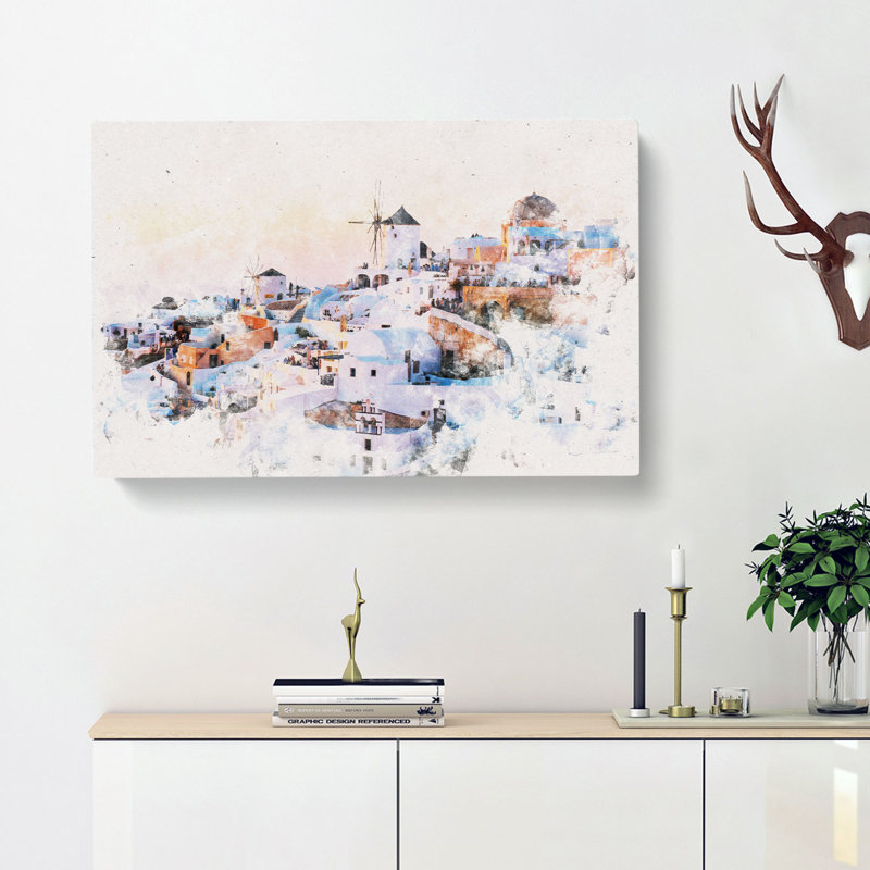 Oia Santorini Skyline In Greece Watercolour - Wrapped Canvas Print, 40cm H x 60cm W x 3cm D