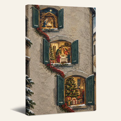 Toile de Noël en pierre avec fenêtres et volets verts
