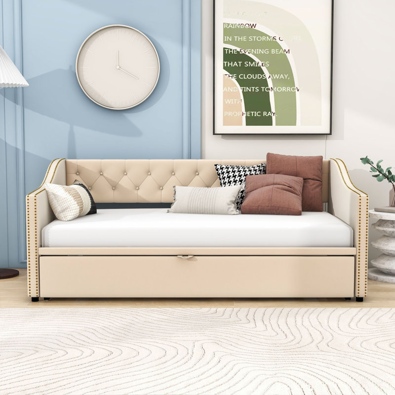 Twin Velvet Daybed with Pop-Up Twin Trundle, Beige