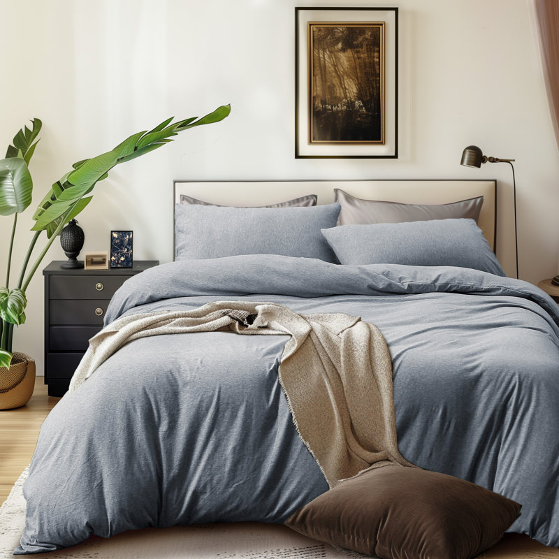 HOME BEDDING Jersey Cotton Duvet Cover Set, Blueish Gray, Full Duvet Cover + 2 Standard Shams