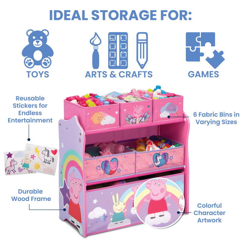 Peppa Pig Pink Wooden Stackable Toy Organizer with Fabric Bins