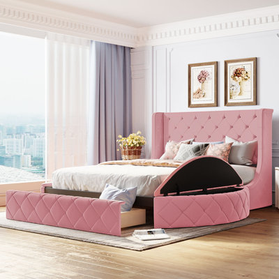 Queen Size Velvet Upholstered Platform Bed with Wingback Headboard, Large Drawer & 2 Side Storage Ottomans — Pink