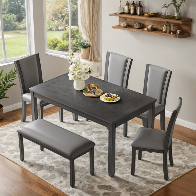 Ensemble de table de salle à manger 6 pièces avec banc et chaises, ensemble de table à manger en bois pour 6 personnes, ensemble de table de salle à manger de style rustique pour 6 personnes Farmhouse
