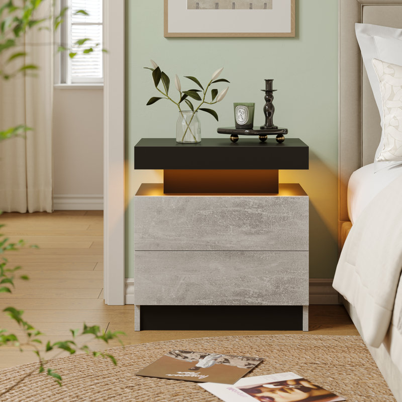 Table de chevet moderne avec lumière DEL et 2 tiroirs, Noir/gris