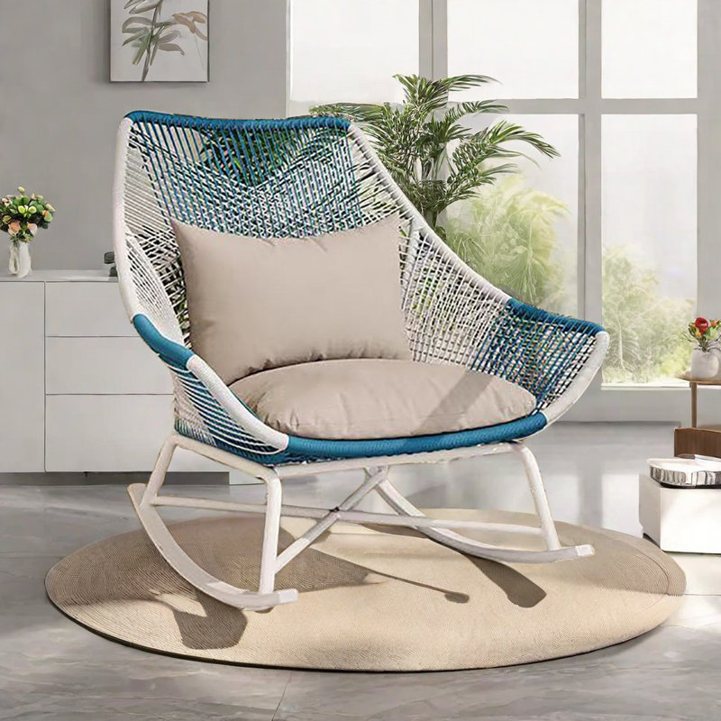 Chaise berçante décontractée en rotin de style nordique, Blanc / bleu