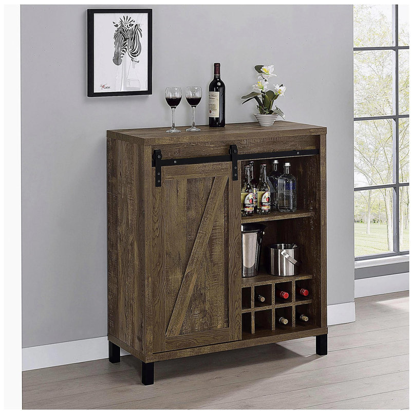 Arcata Rustic Oak Sliding Door Bar Cabinet