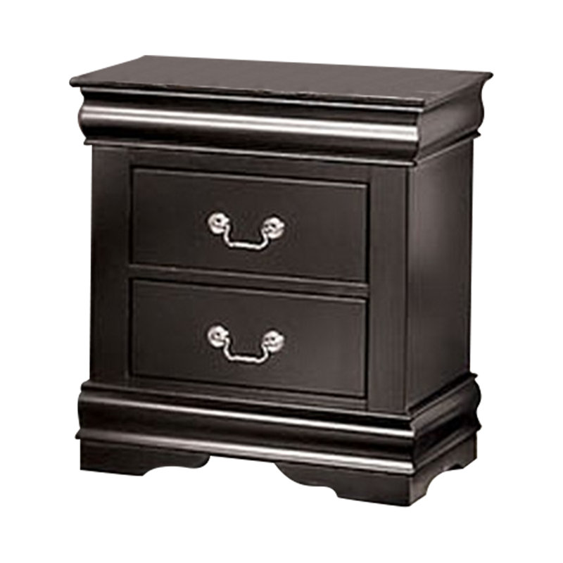 Ryla Nightstand, 2 Drawers, Solid Wood, Nickel Metal Drop Handles, Black