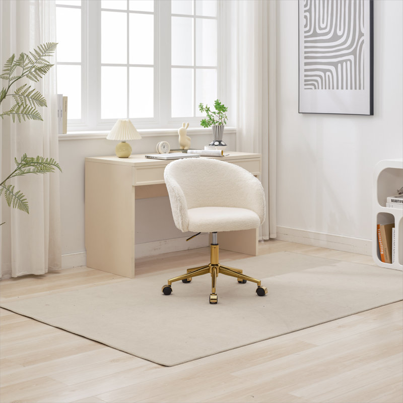 Chaise de bureau pivotante rembourrée en laine Leomie, Blanc / Blanc