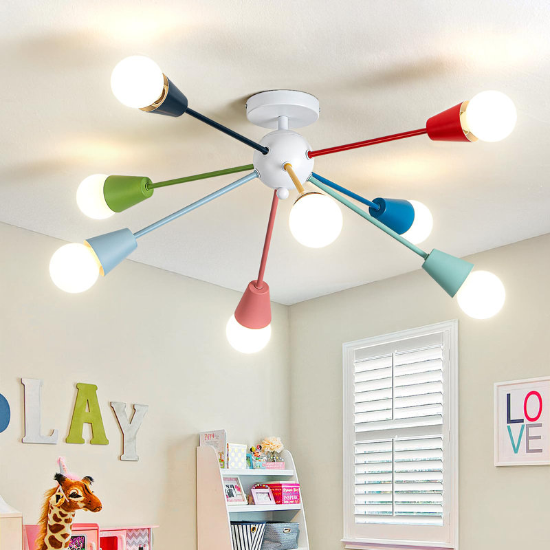 Lustre coloré 8 lumières, lustre moderne Spoutnik, luminaire pour enfants avec lumières multicolores arc-en-ciel amusantes, 8