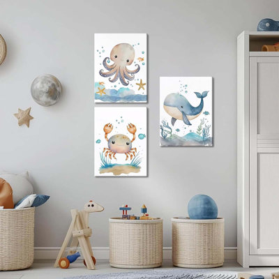 Ocean Nursery Wall Art Set Of 3, Sea Animal Baby Room Canvas Wall Decor Paintings, Watercolor Ocean Kids Nursery Posters Prints Pictures For Room, Bedroom Framed