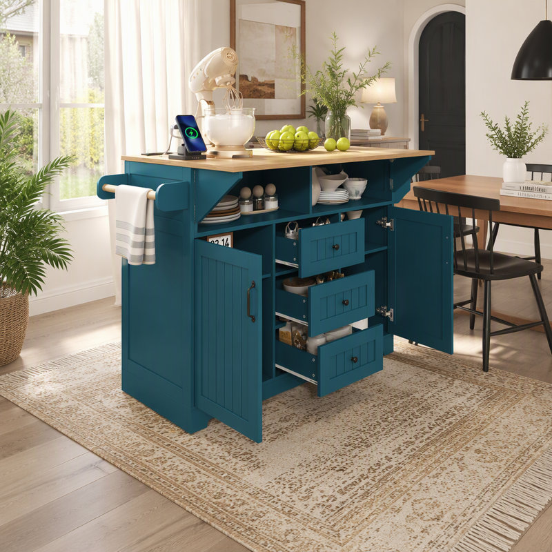 Îlot de cuisine de 141,5 cm (55,7 po) avec 2 abattants, desserte de cuisine à roulettes sur 5 roues avec prise électrique, table à manger pliante avec rangement, porte-épices et porte-serviettes, 3 tiroirs, pour cuisine et salle à manger, vert