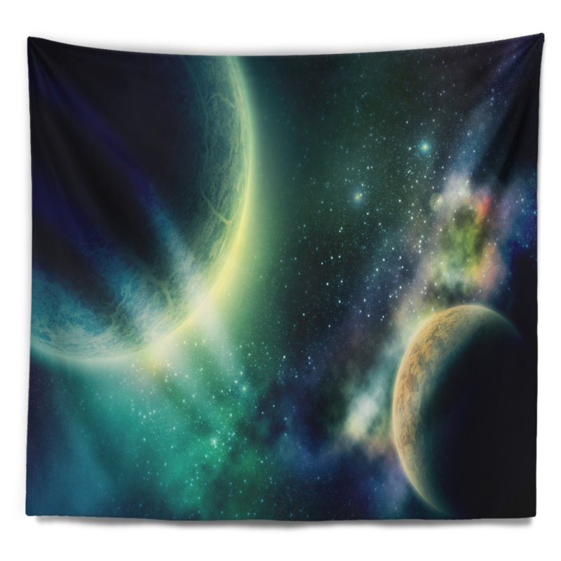 Tapisserie abstraite de deux planètes, H 50 po x l 60 po