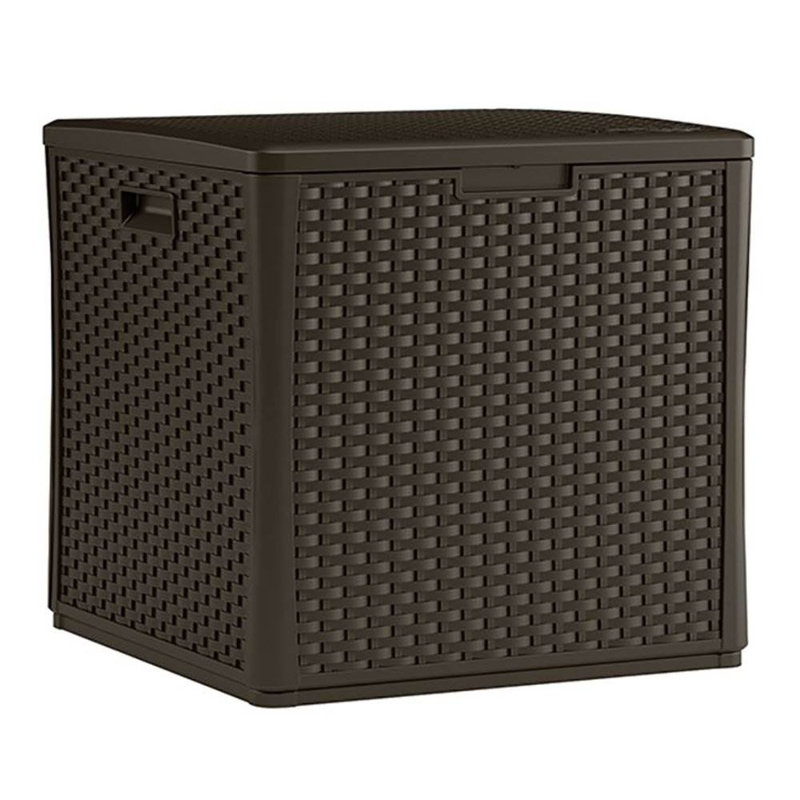 Suncast 60 Gallon Resin Wicker Design Cube Shape Storage Deck Box, Java