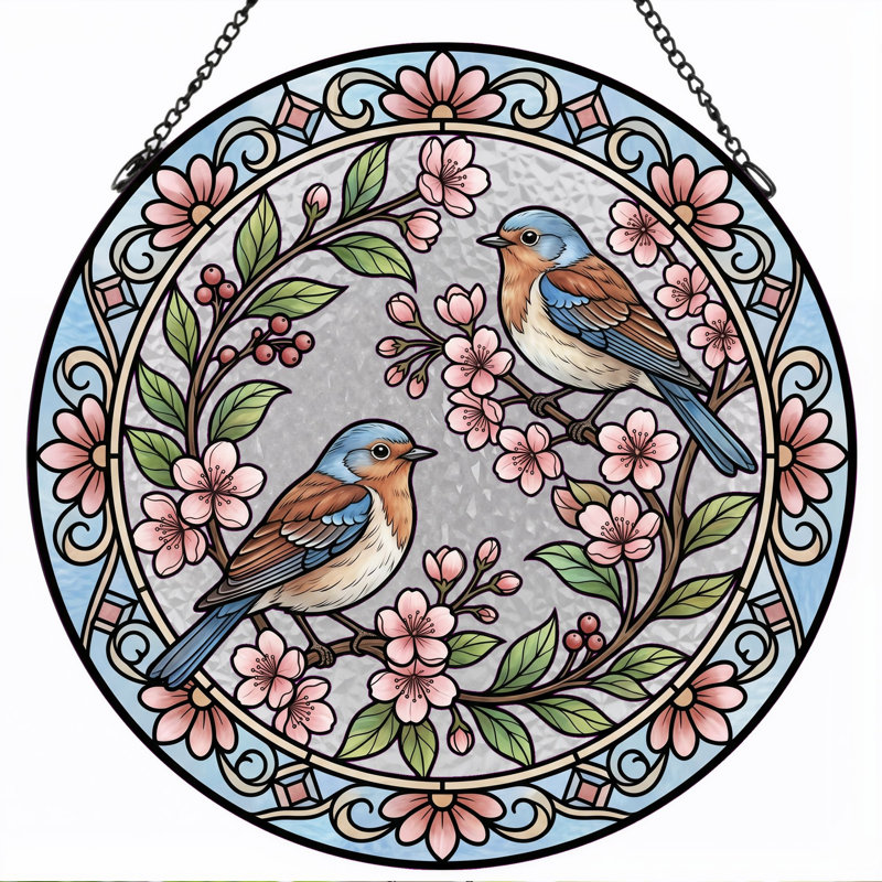 Panneau de vitrail en verre coloré Birds Blossoms, H 12 po, H 12 po