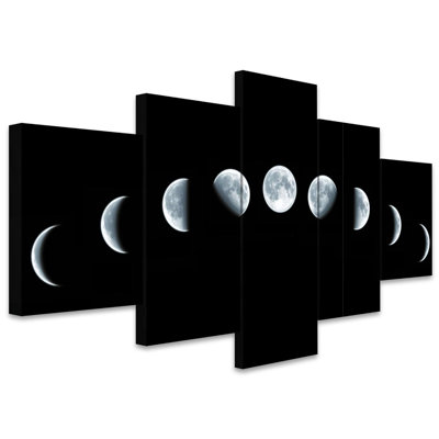 Neuf étapes du cycle complet de croissance de la lune, isolé sur fond noir - Ensemble de 5 toiles tendues