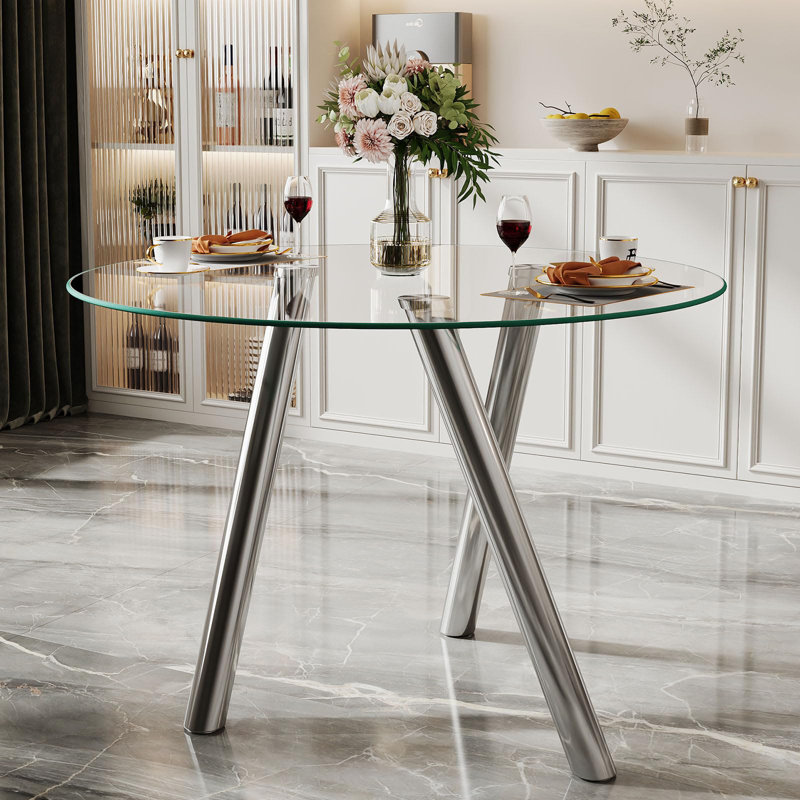 Table de salle à manger 35 po pour 4 personnes avec base en métal et plateau en verre, Argent argent, Transparent