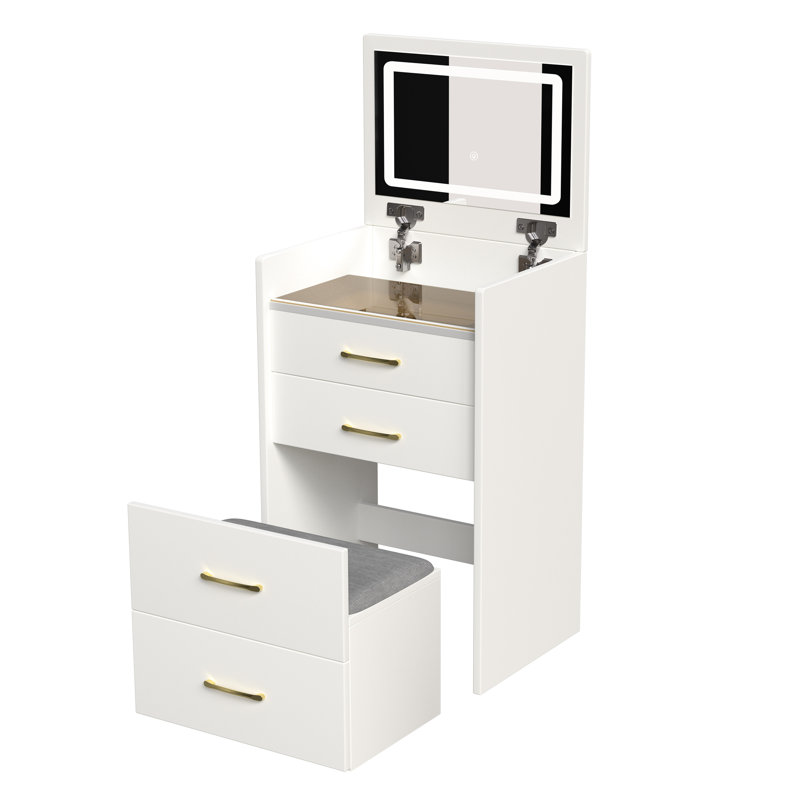 Coiffeuse 3 en 1 avec grand rangement - Coiffeuse blanche pour chambre, plateau en verre apparent, tiroirs et rangements