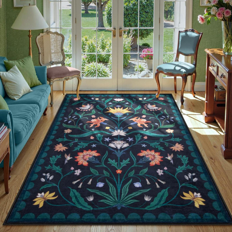  Boho Floral Washable Area Rugs for Living Room Non Slip Indoor Ultra-Thin Throw Room Carpe, Rectangle 5' x 7'