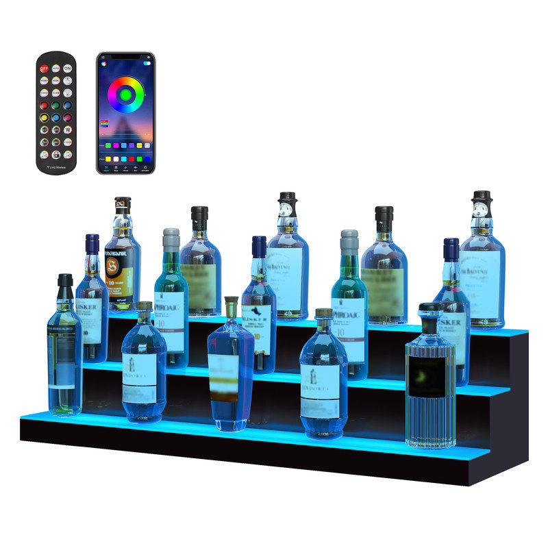 Tablette de bar illuminée en acrylique à 3 niveaux, support d'affichage à DEL de 40 pouces pouvant contenir 30 bouteilles avec télécommande