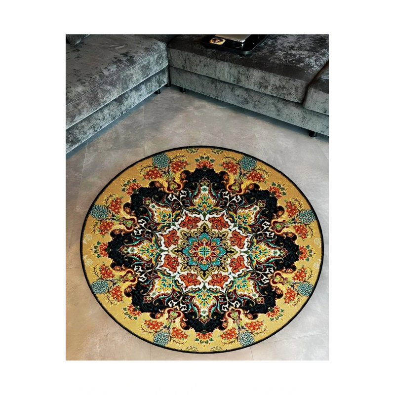 Antique Woven Base Modern Decorative Carpet With Yellow Details, Round 4'