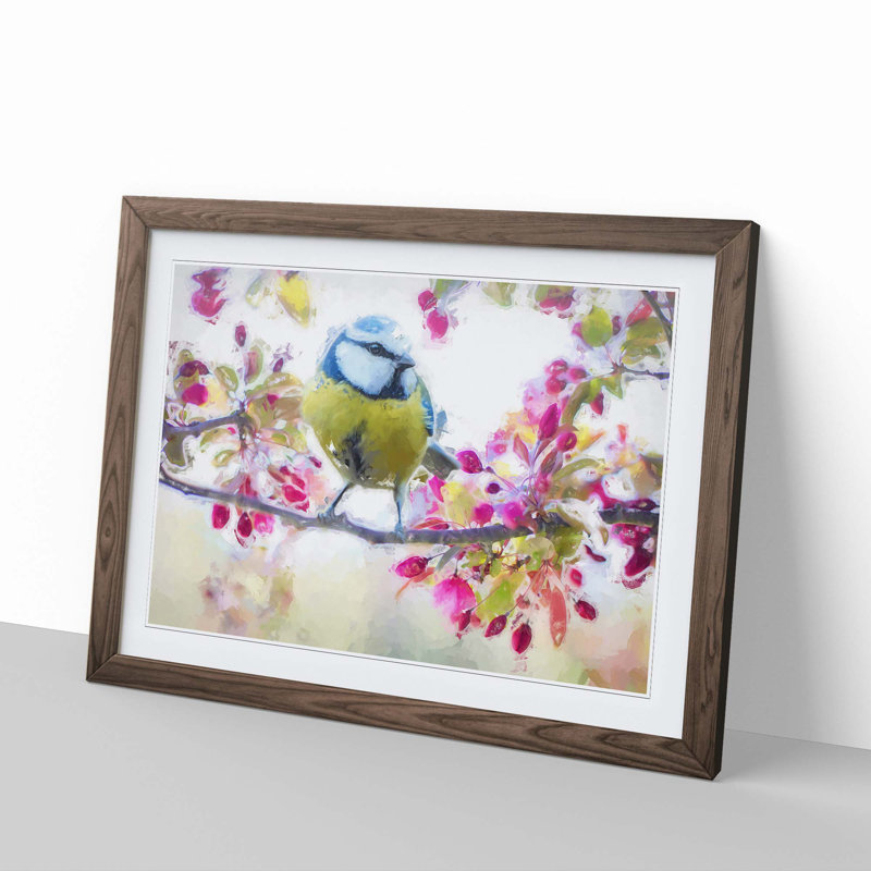 Blue Tit Bird in Spring in Abstract - Picture Frame Painting Print, 48cm H x 65cm W x 2cm D, Walnut Framed